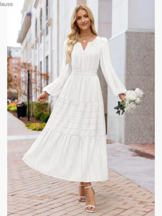 Long Sleeve V Neck Tiered Cotton Maxi Dress with Pockets Midi Casual - Picture 6 of 7